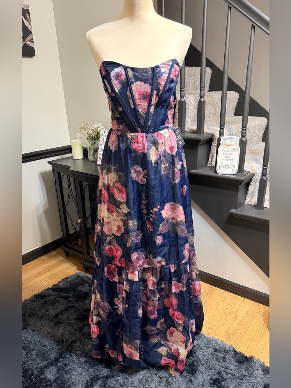 Roane Lulu's Navy Floral Bustier Strapless Maxi Dress Small - Picture 4 of 9
